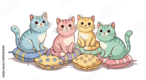 Cute Pastel Cartoon Cats Sitting on Decorative Floral Cushions Collection for Pet, Kids, and Cozy Home Lifestyle Illustration Designs