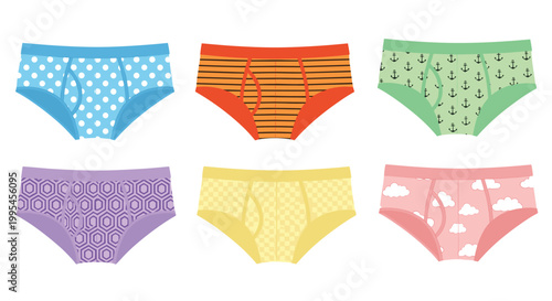 Colorful Patterned Men's Briefs Underwear Collection with Polka Dot, Striped, Anchor, Geometric, Checkered, and Cloud Designs for Apparel Designs