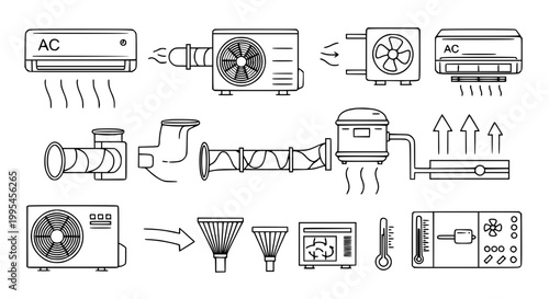 HVAC and Air Conditioning System Components Icon Set