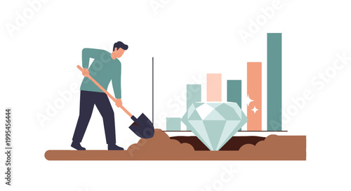 Man Planting a Diamond in Soil with Growth Chart and Bar Graphs