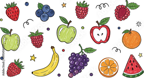 Colorful hand drawn fruit illustration set with apple, banana, orange, grapes, strawberry and watermelon, fresh organic food vector collection for healthy lifestyle design