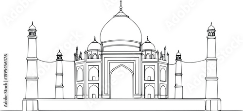 Taj Mahal Detailed Line Art Vector – Hand Drawn Architectural Outline with Minarets