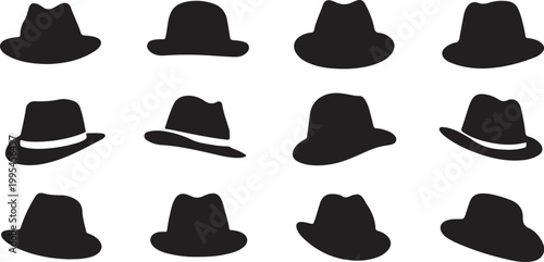 Black fedora hats collection in grid layout isolated on transparent background, Vector