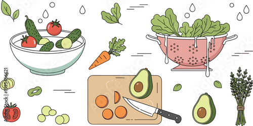Healthy cooking concept with fresh vegetables, salad bowl, cutting board and ingredients, organic food preparation vector illustration for kitchen and nutrition design