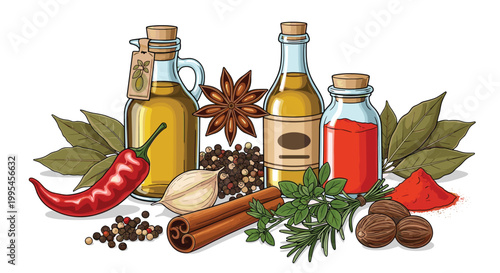 Aromatic Herbs and Spices Still Life with Olive Oil Bottles, Chili, Garlic, Cinnamon, Star Anise, Pepper, Paprika, and Rosemary for Culinary Designs