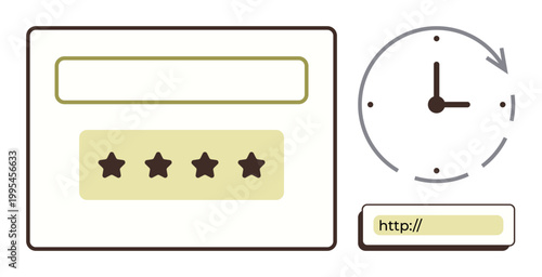 Web design, user experience, time management, online rating systems, site navigation, digital interfaces. A browser input field, rating stars clock icon and URL bar. Web design and user experience