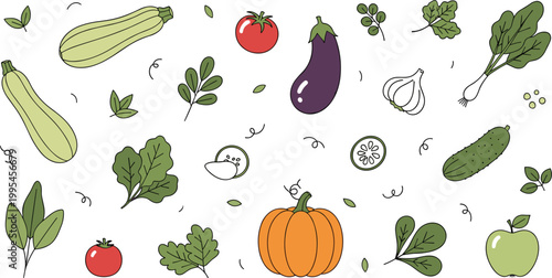 Fresh vegetable seamless style composition with zucchini, eggplant, tomato, pumpkin and leafy greens, organic healthy food vector illustration for farm and kitchen design