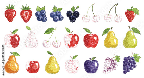 Hand drawn fruit sketch collection with apples, pears, strawberries, cherries, grapes and blueberries, colorful vintage style vector illustration for healthy food design