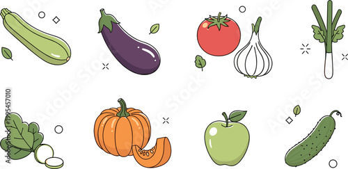 Fresh vegetable illustration set with zucchini, eggplant, tomato, garlic, pumpkin, apple and cucumber, hand drawn healthy food vector collection for organic design