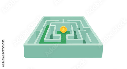 Maze Puzzle with Gold Coin in a Modern Labyrinth Design