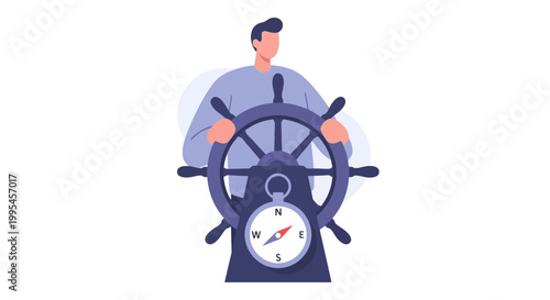 Businessman at Helm Steering Wheel with Compass
