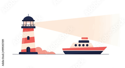 Illustration of a lighthouse shining light near a boat at sea