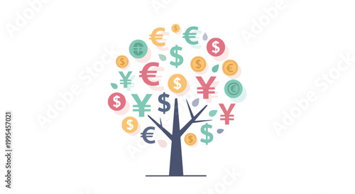 Tree of Financial Growth with Currency Symbols in Bright Colors