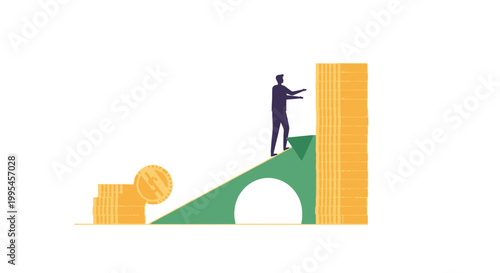 Businessman Standing on Growth Arrow with Coin Stacks and Bar Chart