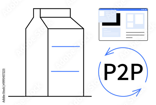 Peer-to-peer sharing, digital platforms, e-commerce, product exchange, online systems, modern technology. Carton box, web interface P2P arrows. Peer-to-peer sharing and digital platforms theme