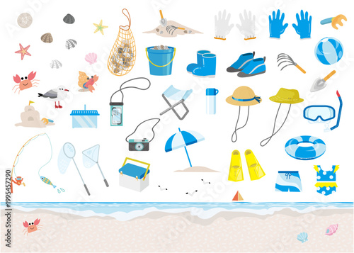 夏の海遊び道具イラストセット：潮干狩り・海水浴・釣り・砂遊びのフレーム / Summer Beach Activity Gear Set
