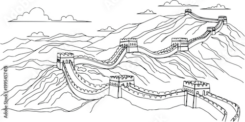 Great Wall of China Panoramic Line Art Vector – Hand Drawn Mountain Landscape with Watchtowers