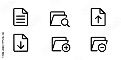 Black and white file with upload download and search symbols file upload download search document black and white line file management
