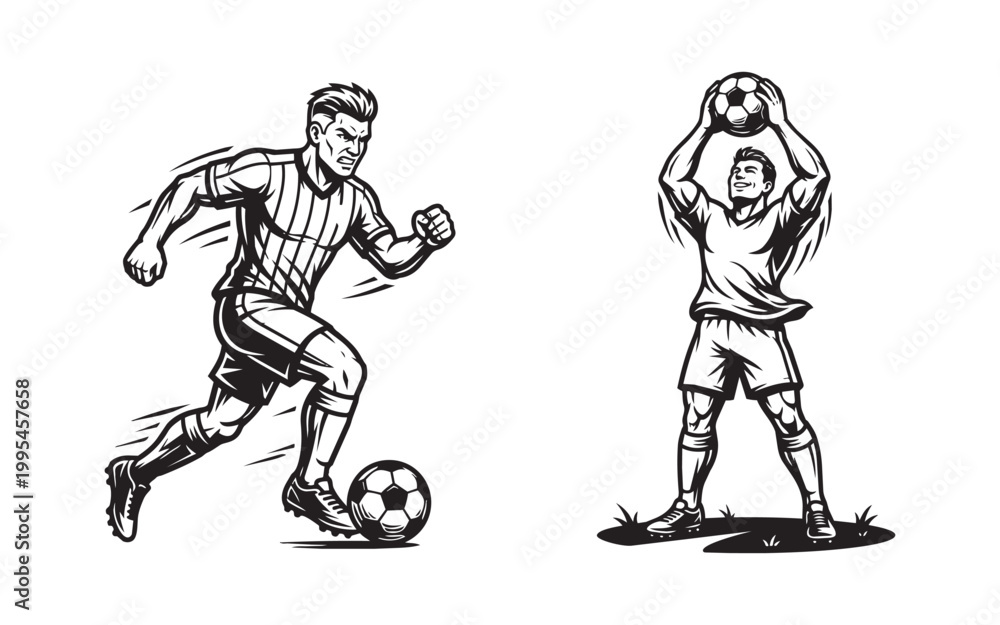 Fototapeta premium Soccer Players Action Set Featuring Striker Running and Goalkeeper Diving
