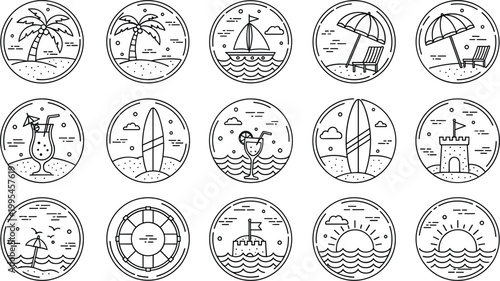 Summer beach badge icon set with palm trees, sailboat, sunset, umbrella and ocean scenes, circular line art vector collection for travel and vacation design