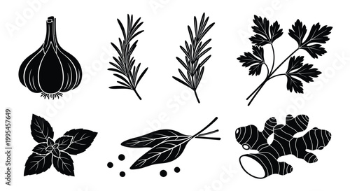 A collection of darkly shaded minimalist food items and containers are presented in a stark graphic arrangement silhouette high quality professional detailed