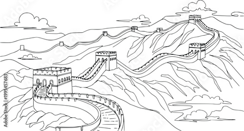 Great Wall of China Line Art Vector – Hand Drawn Landscape Architectural Outline Illustration
