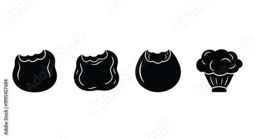 A collection of six black silhouettes depicting partially eaten apples showcasing irregular bite marks and organic shapes silhouette high quality professional detailed modern