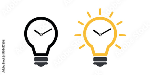 Black and yellow light bulb with clocks inside symbol in white background