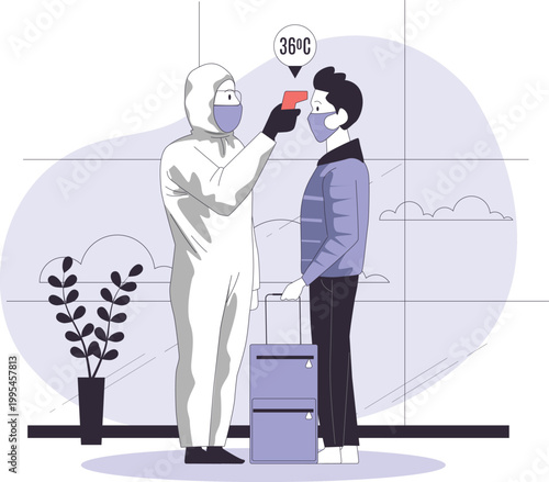 Medical worker in protective suit checking body temperature of a traveler with a digital infrared thermometer
