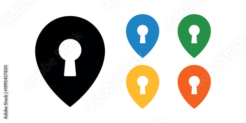 Colored map pin with keyhole cutouts black blue in white background