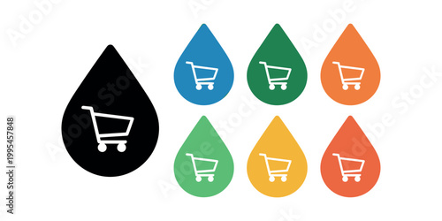 Colorful teardrop shaped shopping cart black blue in white background