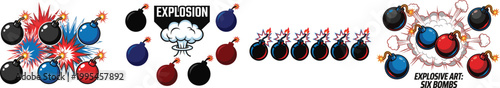 bomb set vector art in black blue and red with lit fuses symbol explosion in white background