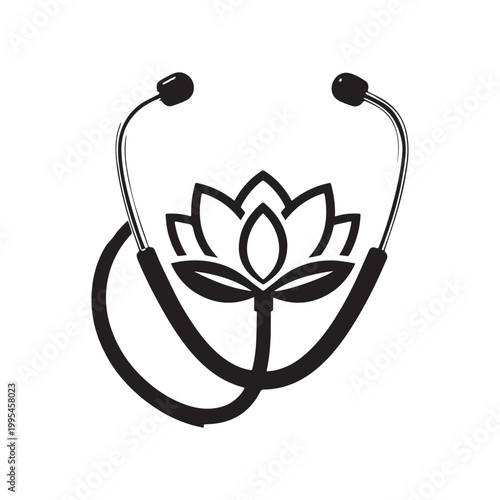 Medical Stethoscope and Heart Silhouette Combined with Lotus Flower for Wellness Logo. 