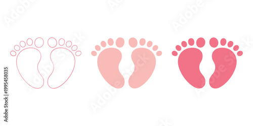 Pink baby feet silhouettes in different shades footprints white background