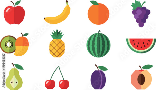 Colorful flat fruit icon set featuring apple banana orange grape watermelon pineapple pear cherry vector collection for healthy food design