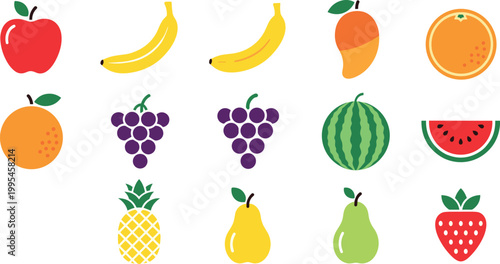 Colorful flat fruit icon set featuring apple banana mango orange grape watermelon pineapple pear strawberry vector collection for healthy food design