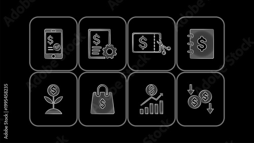Financial Management Icons featuring Translucent Glass Aesthetic