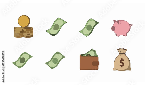 Cute cartoon money icons set with coins cash piggy bank and wallet isolated on white background