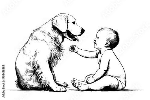 A baby and a dog are sitting together. The baby is smiling and the dog is wagging its tail