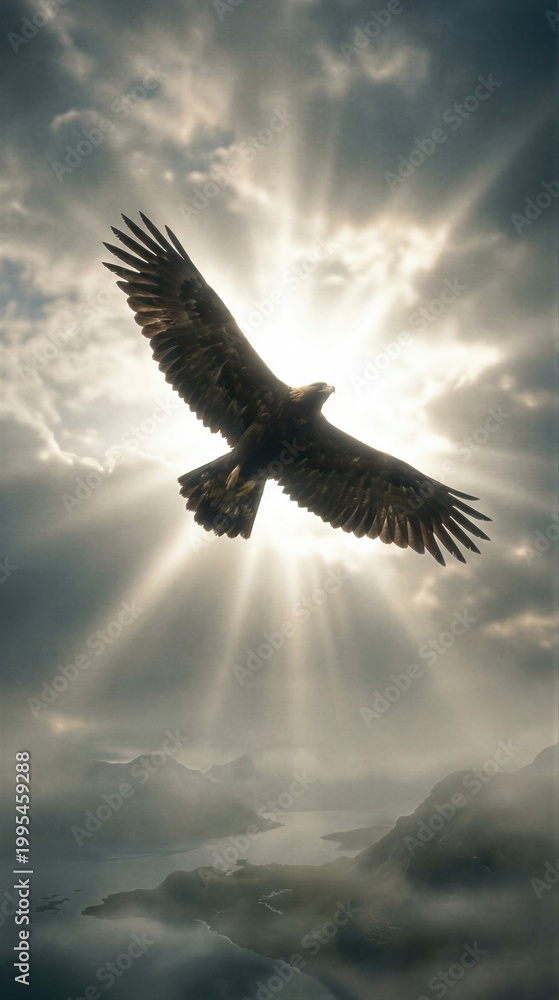 Naklejka premium Eagle flying high in sky against bright sun rays over mountain landscape. Symbol of divine creation on day five of Genesis. Christian biblical theme representing freedom and spiritual life.