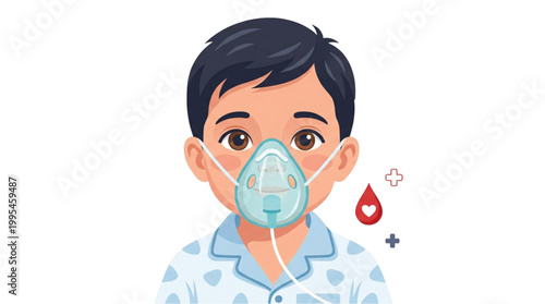 Vector illustration of a brave little child wearing an oxygen mask receiving medical treatment to bring attention to International Thalassemia Day and pediatric care.

