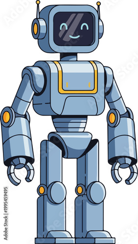 Robot with smiling face and yellow accents on white background