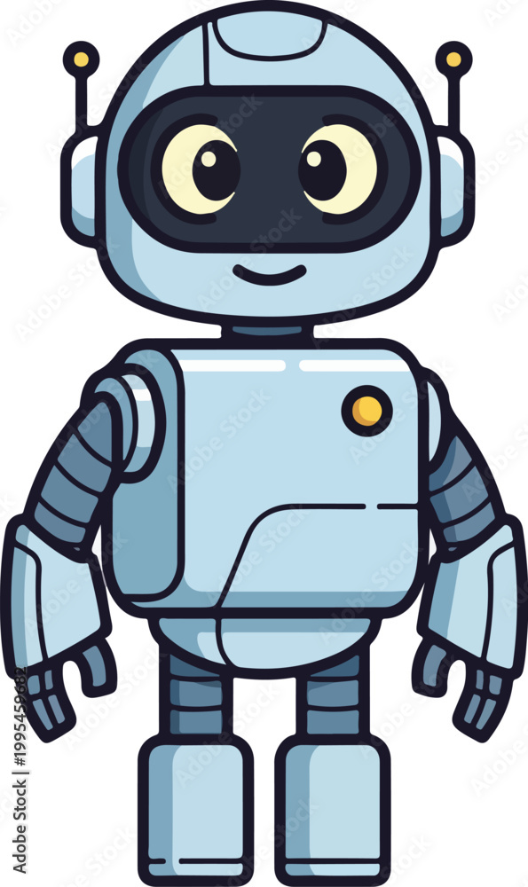 Fototapeta premium Cute robot character with big eyes and smiling face standing alone