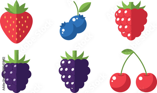 Berry fruit icon set with strawberry blueberry raspberry blackberry cherry in colorful flat vector illustration style