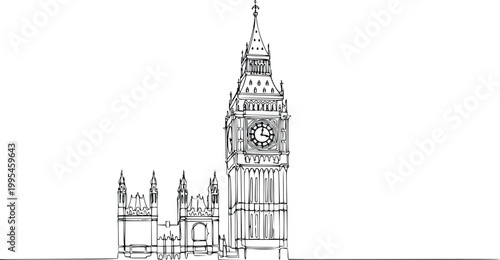 Big Ben London Line Art Vector – Hand Drawn Elizabeth Tower Architectural Outline Illustration