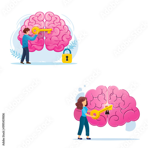 Unlock Brain Knowledge Concept Cartoon, Person Opening Mind With Key, Learning Skill Development Education Vector Illustration