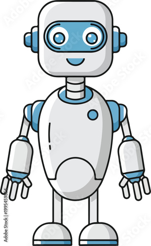 Friendly robot character with blue accents standing alone