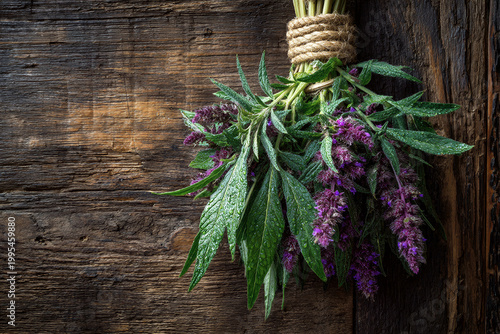 Photography Fresh mugwort and calamus on old wooden door with water droplets