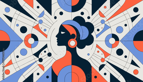 Modern Geometric Portrait of a Woman with Abstract Decorative Elements.eps