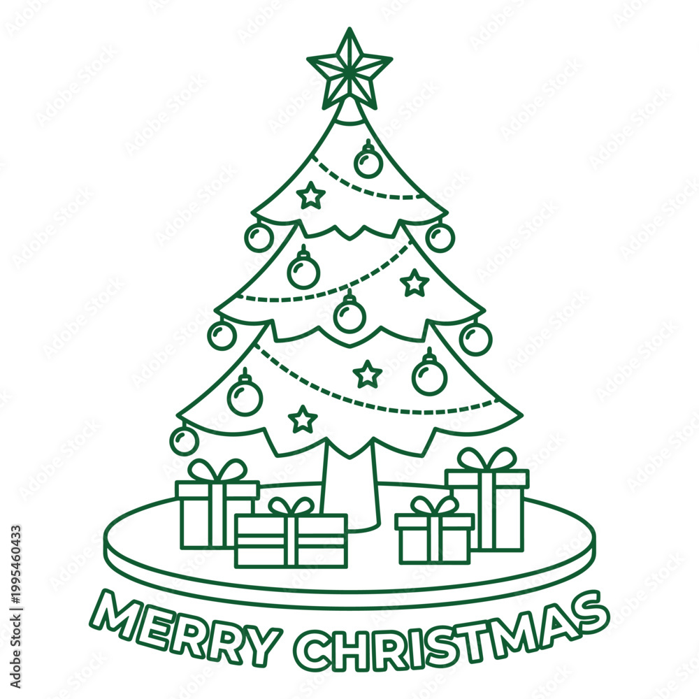 Fototapeta premium Christmas tree with gifts and text merry christmas line art.